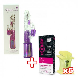 PACK MAGIC RABBIT VIBRADOR CLEAR INSIGHT ROXO + POTENCIADOR DE ORGASMO + 5X LUBRIFICANTE BEIJÁVEL